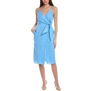 New REISS Esme Blue Linen Side Tie Cross Over Dress US 4